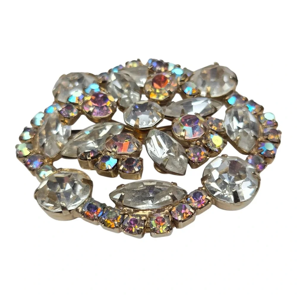 Vintage Brooch Pin Rhinestone Gold Tone Multicolor Aurora Borealis Sunburst